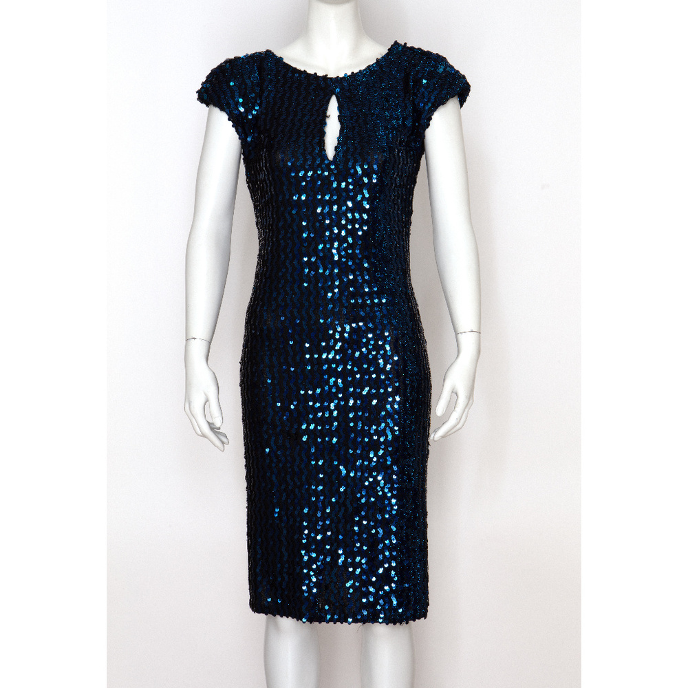 Vintage Blue Sequin Keyhole Dress with Deep V Back